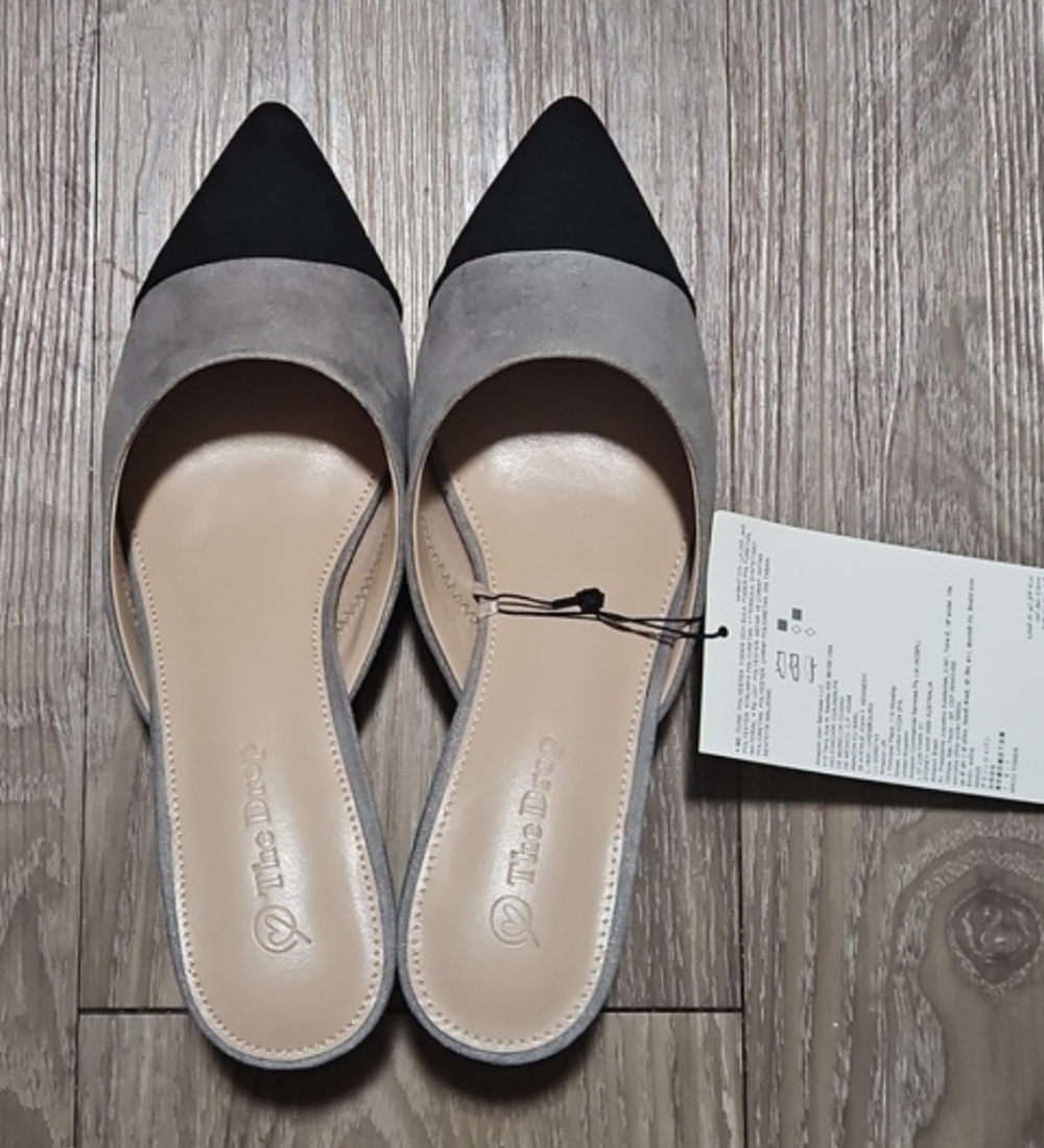 Black & Gray Pointed Toe Mule THE DROP Paulina Padded Footbed Heels Women's 7